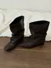 Botas de piel de oveja estilo coreano, punta cuadrada, plisadas, apiladas, hasta la pantorrilla, tacón grueso, ajuste ceñido, para aumentar la altura, slip-on, de moda