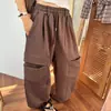 Estilo Dongdaemun 2026 Início da Primavera e Outono Nova Versão Coreana Bolso Grande Cintura Elástica Perna Larga Calça de Moletom Casual para Mulheres