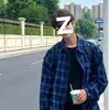 Camisa a cuadros azul cepillada estilo americano, corte holgado y relajado, diseño vintage simple con bordado pequeño, chaqueta ligera de manga larga