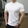Camiseta de Manga Corta para Hombre, Cuello Alto, Deportes Musculares, Entrenamiento de Fitness, Mallas Elásticas, Color Puro, Top de Secado Rápido, Manga Corta