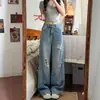 Calça Jeans Rasgada Estilo Americano para Mulheres, Nova Coleção de Outono Plus Size, Caimento Solto para Corpo em Formato de Pera, Calça Wide Leg de Cintura Alta