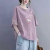Camiseta de Manga Curta Estilo Chinês Novo para Comércio Exterior Transfronteiriço, Blusa Solta Plus Size para Mulheres Curvilíneas, Esconde a Barriga, Efeito Emagrecedor