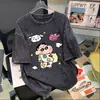 Camiseta Lavada Vintage de Desenho Animado Tamanho Plus, Comprimento Médio, Manga Curta para Mulheres, Top Tendência de Verão Estilo Casal Solto Retro