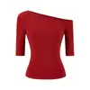 Camiseta Feminina Tencel Doce e Picante, de Um Ombro Só e Manga Média, Estilo Novo Verão 2026, Ajustada na Cintura, Top Curto Liso