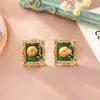 Brincos Retangulares de Pérola de Água Doce Luxo Leve Brincos Estilo Pintura a Óleo Retrô Jardim de Monet Design de Nicho Brincos da Moda