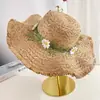 Sombrero de Sol de Paja con Corona de Flores de Margarita para Mujer, Estilo Pastoral Japonés de Verano, Sombrero de Protección Solar para Vacaciones en la Playa