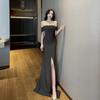 2026 Nuevo Estilo Sexy Top Tubo Hombros Descubiertos Vestido Largo Bodycon con Abertura con Acabado de Lujo, Elegante Vestido de Noche Estilo Corsé