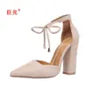 Juyuan Novo Estilo Europeu e Americano Estoque Disponível Bico Fino Moda Comércio Exterior Plus Size Salto Alto Sapatos Femininos Cadarço Sapatilhas Femininas de Moda