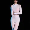 Medias de una pieza sexys de encaje en la cintura con brillo aceitoso, que cubren el pecho, exponen la cintura, talla grande, cinco dedos, sedosas y lisas, body brillante con entrepierna abierta