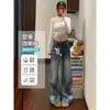 Jeans acampanados azul claro no ajustados para mujer, nuevo estilo americano de otoño 2026, de tiro bajo, para petite, de largo hasta el suelo, tipo campana