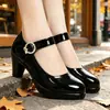 Zapatos Mary Jane de plataforma con tacón grueso y correa de hebilla de anillo con pedrería para mujer 2026 puntera redonda brillante zapatos de tacón alto para commuting
