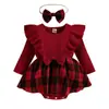 Macacão de bebê transfronteiriço novo primavera e outono Europeu e Americano vermelho manga longa xadrez bolsa saia de saco bebê menina roupas de Natal