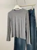 Suave y amigable con la piel, versátil camiseta básica de cuello redondo para mujer, alta elasticidad, corte ajustado y un look sofisticado, camiseta de manga larga para otoño e invierno