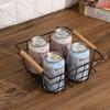 Cesta de Armazenamento Portátil com Alça de Madeira Cesta de Armazenamento de Ferro para Casa Cesta de Armazenamento de Lanches para Mesa Estrutura Preto Branco