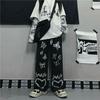 Pantalones Rectos Casuales con Estampado de Letras y Tinta Salpicada Estilo Retro para Hombres y Mujeres Versátiles Delgados Oscuros Modernos