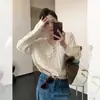 Cardigã de Tricô Branco com Recortes Estilo Francês e Decote em V para Mulheres, Temporada de Primavera, Peça Externa de Alto Padrão e Elegante, Caimento Solto, Top Emagrecedor