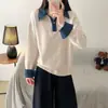 Suéter Malha Fashionável Feminino Outono Inverno 2026 Novo Estilo, Gola Polo Solta, Manga Jeans Costurada, Falso Duas Peças