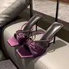 Sandalias de tacón alto con lazo de terciopelo morado, zapatos de tacón alto brillantes y seductores, sandalias de tiras, mules de tacón de aguja para usar al aire libre