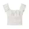 Camisa Blanca Bordada Retro Francesa de Cuadrado con Mangas Abullonadas para Mujer, Nuevo Estilo de Verano, Corte Ajustado, Top Corto de Botones