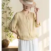 Camisa Bordada Artística de Algodón Lino para Mujer Verano Nuevo Holgada Cuello Redondo Manga de Cinco Puntos Cardigan Delgado Top Casual
