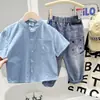 Camisa Infantil de Manga Curta 2026 Verão Meninos Gola Alta Cor Pura Camisa Estilo Coreano Bebê Casual Verão Top Fino