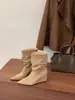 Botines de gamuza a media pantorrilla, nuevo estilo otoño/invierno, punta fina, tacón grueso, diseño elegante, 2026, efecto adelgazante, plisados, botines para mujer, estilo francés