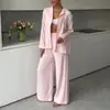 Novo conjunto de pijamas femininos transfronteiriços para outono e inverno, cardigã liso com gola virada, blusa de manga comprida e calça comprida conjunto de duas peças, roupa de casa feminina