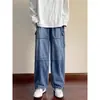 Macacão Jeans Wide Leg Masculino e Feminino 2024 Estilo Hong Kong Masculino Solto Oversize Bolso Grande Calças Street Retro