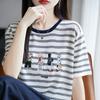 Top de Punto Bordado Pesado Nuevo Estilo Verano 2025 Punto de 16 Agujas Lyocell Sedoso Cuello Redondo Rayas Camiseta de Manga Corta para Mujer