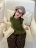 Chaleco de Punto Verde Estilo Bosque Retro para Bebés Niñas Coreano con Bolsillo Sin Mangas