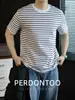 Camiseta Manga Curta Listrada Preto e Branco Estilo Clássico Japonês para Homens, Gola Redonda, Respirável para o Verão, Fashion, Casual, Caimento Solto Camisa de Marinheiro