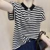 Camiseta Spot Hombro Derecho 2024 Camiseta Delgada de Manga Corta Top de Verano de Seda de Hielo para Mujer Camisa Polo Suelta Rayas Estilo Nuevo