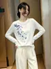 Camiseta Blanca Básica de Manga Larga para Mujer, Redonda, Estampada, Sencilla y Elegante, Nuevo Estilo de Verano, Informal, Holgada, Protectora del Sol