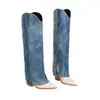 Botas de Mujer Versátiles de Tacón Cuadrado Ligeras Talla 34-43, Botas Altas de Punta Cruzadas Talla Grande, Zapatos de Mujer de Tacón Alto de Mezclilla para Otoño e Invierno