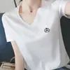 Nuevo Estilo 2025 95 Top de Algodón Blanco Holgado Camiseta Versátil para Mujer Manga Corta Cuello en V Cuello Corazón Media Manga Corte Ajustado