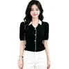 Top de Punto con Solapa de Color Contrastante de Manga Corta para Mujer, Nuevo Estilo Verano 2026, Gama Alta, Elegante, Casual, Top Adelgazante