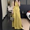 Estilo Coreano Novo Cor Sólida Moda Versátil 2026 Verão Tingido Personalizado Amarelo Névoa Top Acinturado + Conjunto de Calças de Pernas Largas