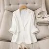 Nuevo Blazer Coreano de Primavera y Otoño para Mujer, de Tencel y Lino, Chaqueta Ligera Versátil de Manga Tres Cuartos, Corte Entallado