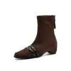 Botas femininas de camurça estilo retrô com aumento interno de altura de 4,5 cm, botas Chelsea com fivela de cinto, botas de tornozelo francesas versáteis estilo europeu