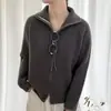 Cardigan Suéter com Lapela e Zíper Duplo Feminino 2026 Outono Inverno Novo Estilo Preguiçoso Solto Tricô de Manga Longa Peça de Roupa Externa Top