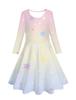 Vestido de Manga Larga Romántico Rosa Degradado Estrella Fantasía Impresión Digital 3D Transfronterizo Europeo y Americano para Chicas Primavera y Otoño