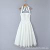 Vestido Midi Sexy Sem Costas de Cintura Fina com Decote Halter Francês Doce Malha Alça Fina Primavera Antecipada 2025