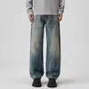 Calça Jeans Masculina de Corte Reto Solta Estilo Americano, Outono e Inverno 2026, Lavagem Vintage Tendência, Desgastada, Caimento Fluido, Perna Larga