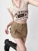 Saia jeans de workwear cáqui retrô americana para mulheres, cintura alta, justa ao quadril, saia curta em A, saia-calça bm 2026