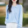 Cardigan de Tricô Feminino com Gola Polo Outono 2026, Camisa Listrada com Gola Reversível, Casaco Suéter Solto Plus Size