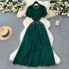Vestido Redondo de Manga Abullonada con Perlas y Diamantes de Uso Rudo Francés para Mujer Verano 2025 Cintura ceñida Elegante Falda Larga Plisada