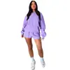 211336 transfronteiriço Europa e Estados Unidos outono e inverno cor sólida manga longa com capuz suéter feminino conjunto de duas peças moda casual shorts