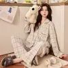 Algodón Puro Manga Larga Pantalón Largo Otoño Ropa de Dormir Cardigan con Solapa Gato Pequeño Lazo Todo Algodón Ropa para Casa Conjunto de Dos Piezas Se Puede Usar Afuera