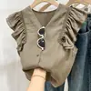 Blusa de Chiffon com Renda para Mulheres Baixas com Mangas Volumosas, Decote V com Babados Franceses, Top Sem Manga que Valoriza a Clavícula para Mulheres