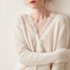 Suéter de Cachemira de Alta Calidad para Otoño e Invierno para Mujer, Cárdigan de Cachemira de Color Sólido, Chaqueta de Cachemira Tejida con Cuello en V de Encaje